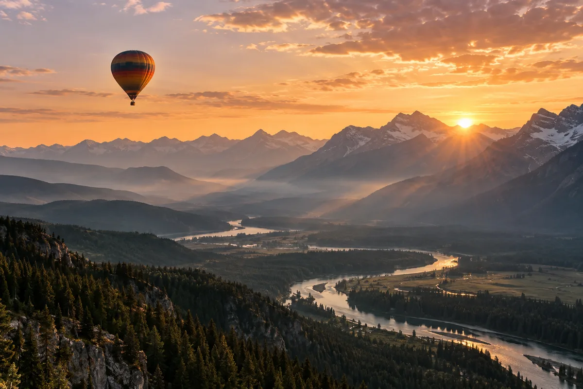 Hot air balloon over a misty valley