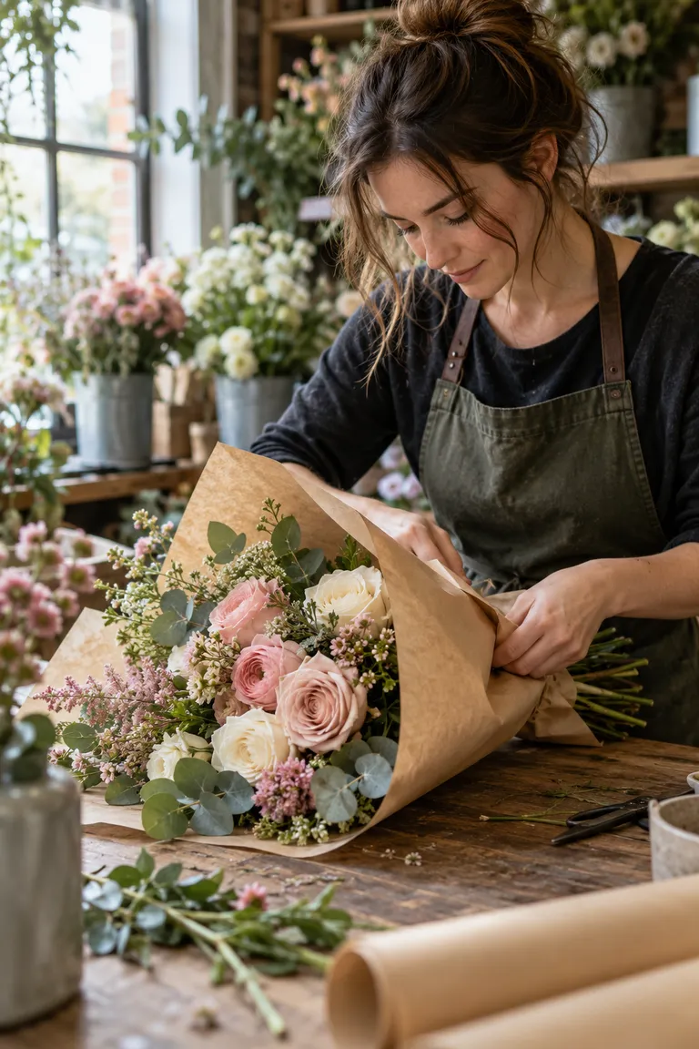 Visual reference for a Kling 4.0 project — Florist Wrapping a Bouquet