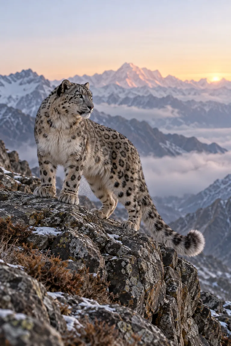 Visual reference for a Kling 4.0 project — Snow Leopard on a Rocky Slope