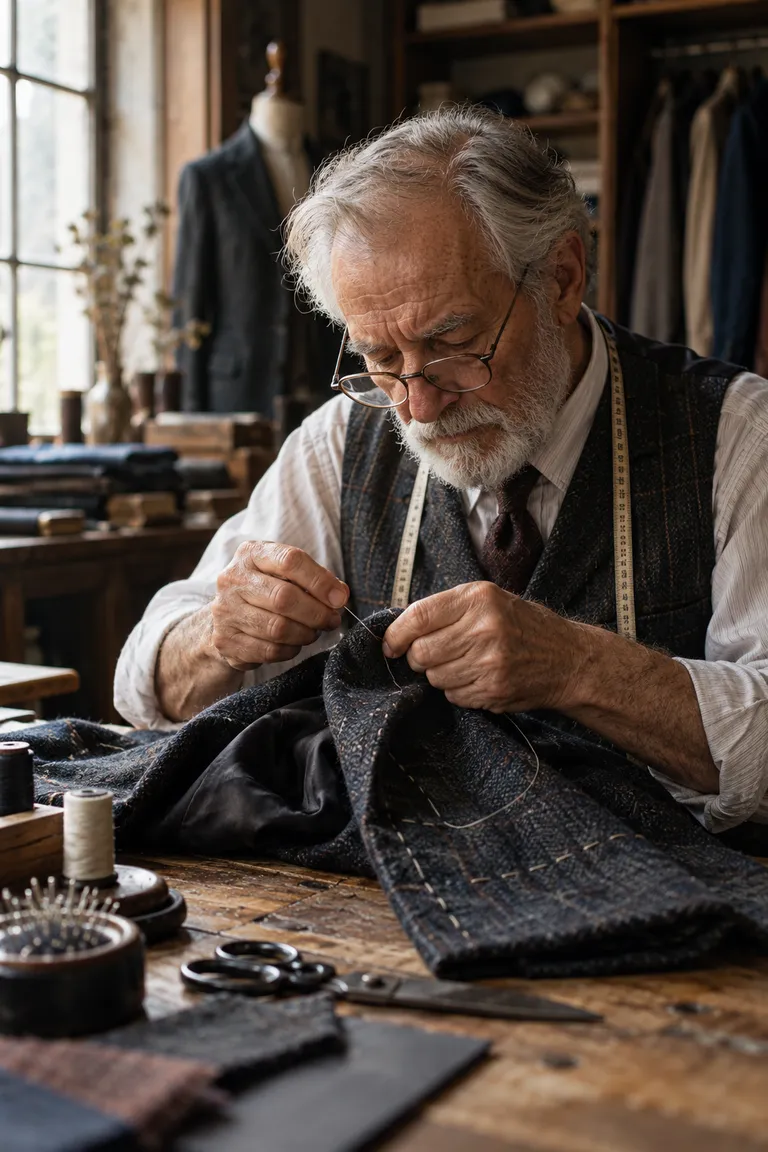 Visual reference for a Kling 4.0 project — Tailor at the Workbench